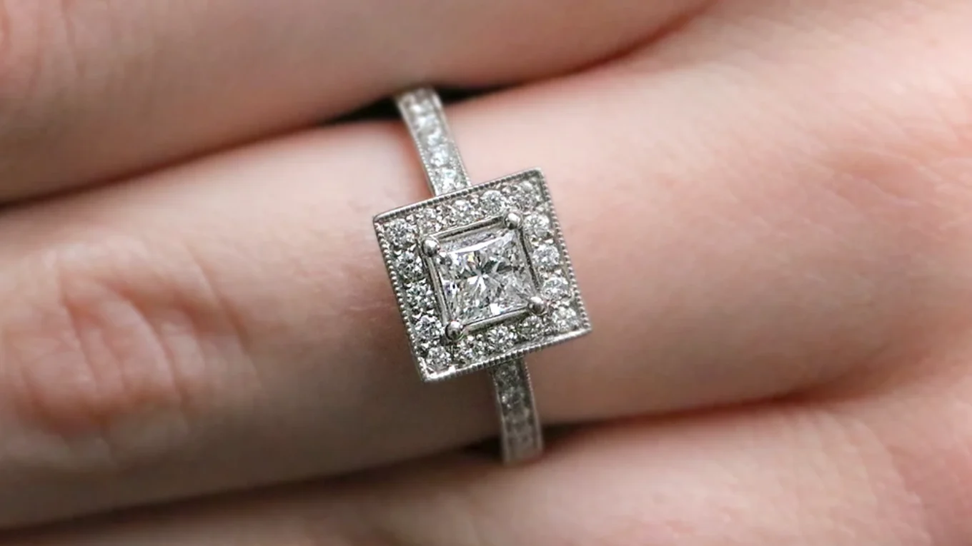 0.85ct Princess Cut Halo Diamond Engagement Ring VR2012 made in Ireland