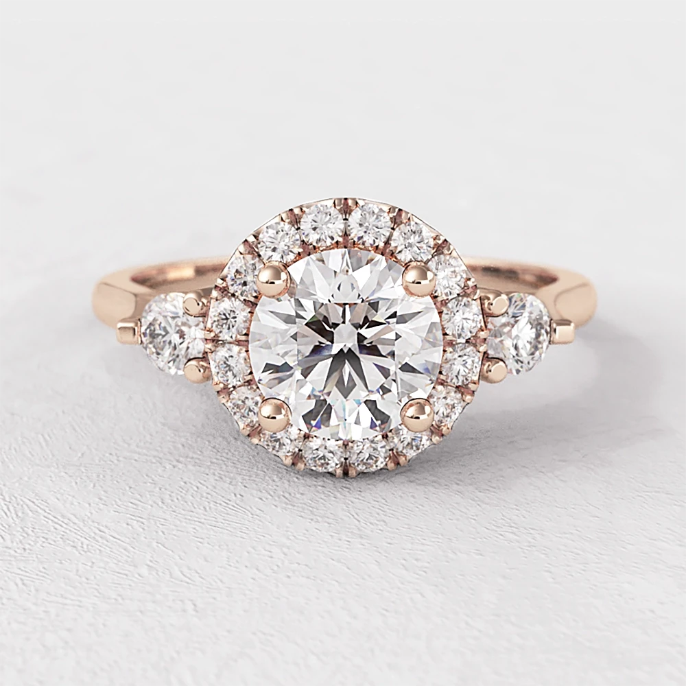 0.90ct Round Cut Halo 3 Stone Engagement Ring Rose Gold VR1066