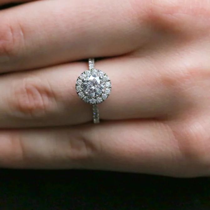 1.05ct Round Cut Halo Engagement Ring VR1088 on hand
