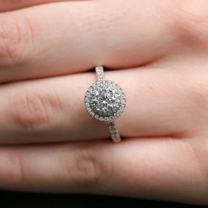 1.10ct Round Cut Double Halo Engagement Ring VR1024 on hand