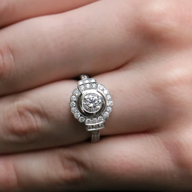 1.10ct Vintage Style Halo Engagement Ring VR1073 on hand