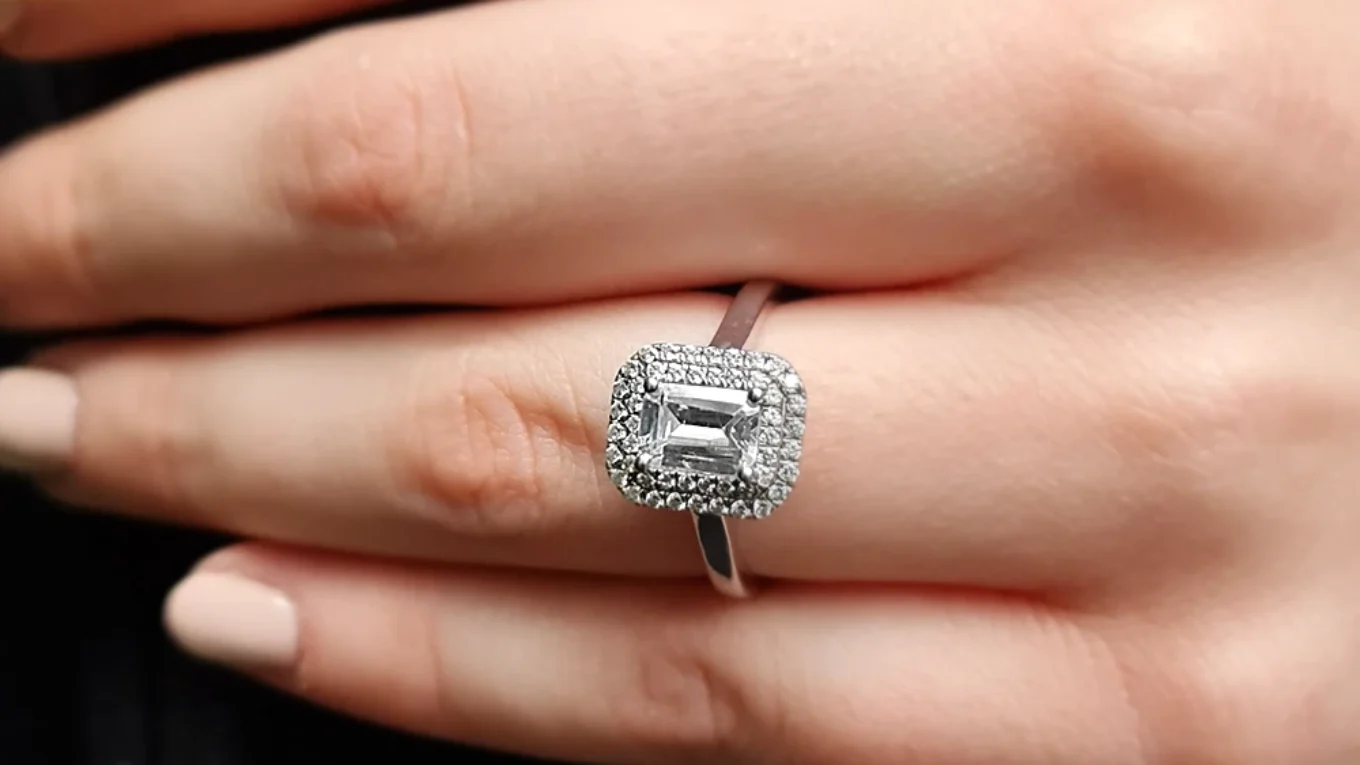 1.40ct Emerald Cut Double Halo Diamond Engagement Ring VR1017 on hand