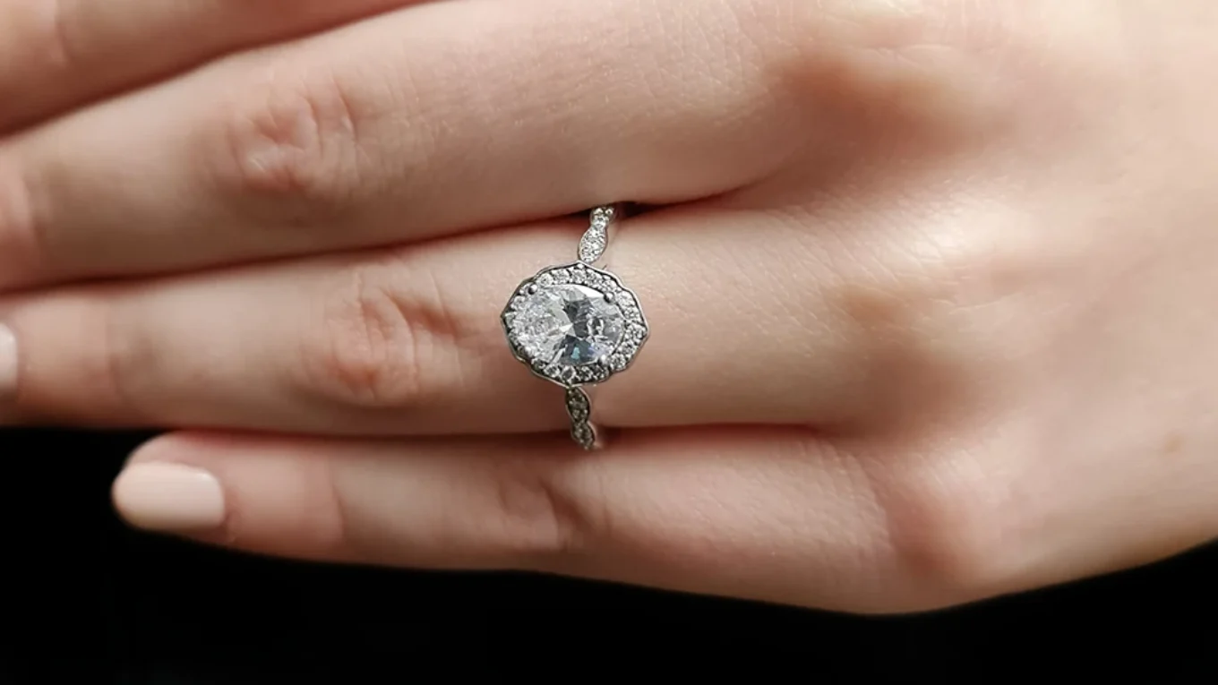 1.55ct Vintage Style Oval Halo Engagement Ring VR1042 made in Ireland