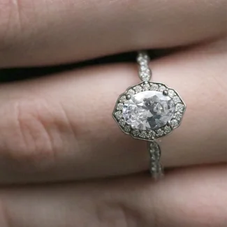 1.55ct Vintage Style Oval Halo Engagement Ring VR1042 on hand