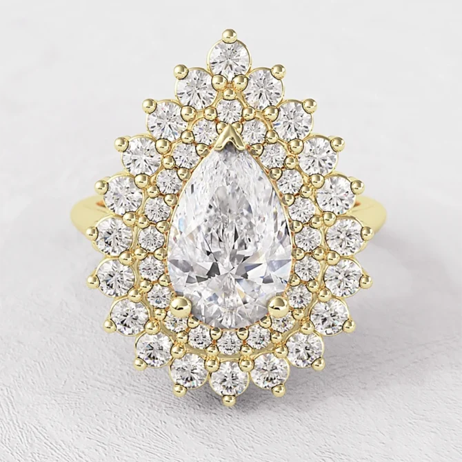 1.57ct Double Halo Pear Cut Diamond Ring Yellow Gold VR1108