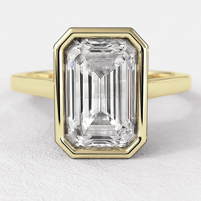 2.0ct Emerald Cut Bezel Set Solitaire Engagement Ring Yellow Gold SR1097