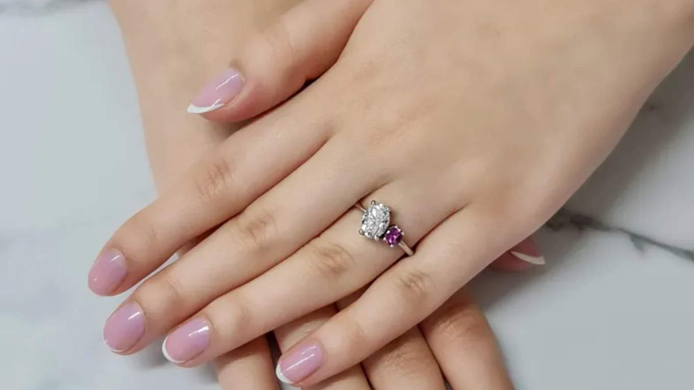 Bespoke Designed Two Stone Ring SB2926 on hand 4