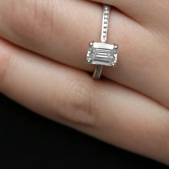 Emerald Cut Side Stone Diamond Engagement Ring on hand PR1026-1
