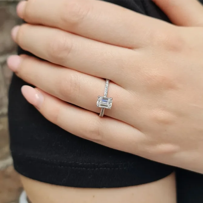 Emerald Cut Side Stone Diamond Engagement Ring on hand PR1026-2