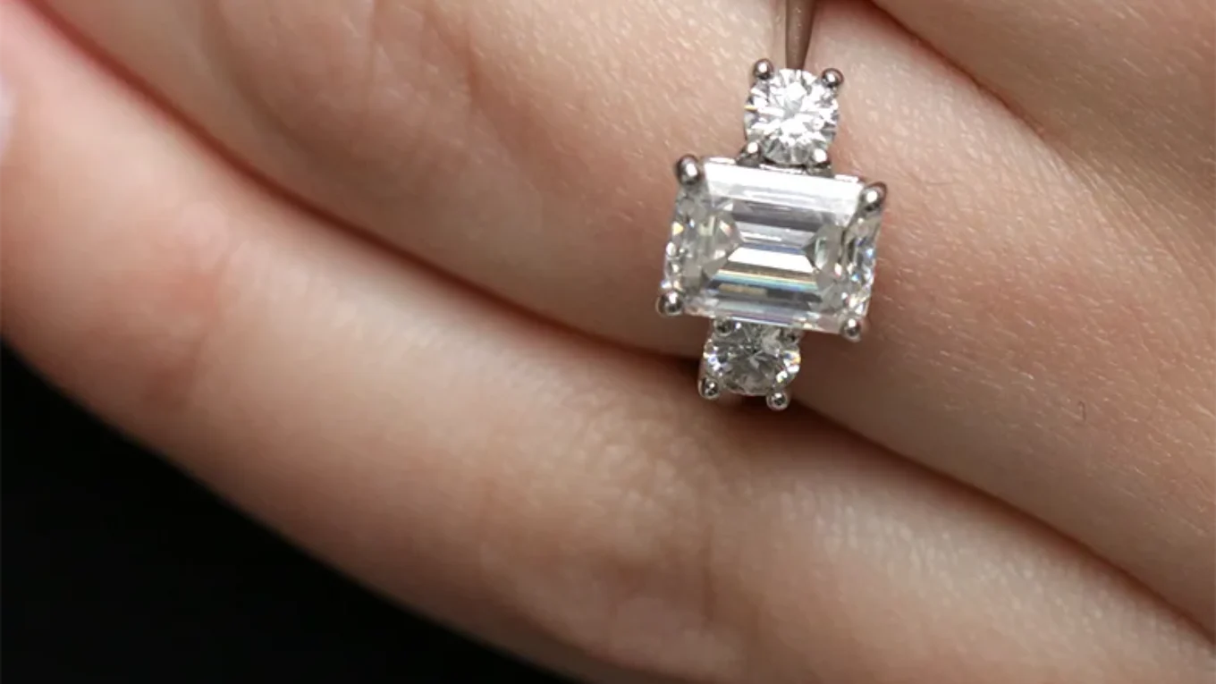 Emerald Cut Three Stone Diamond Engagement Ring On Hand made in Ireland TR1061-1