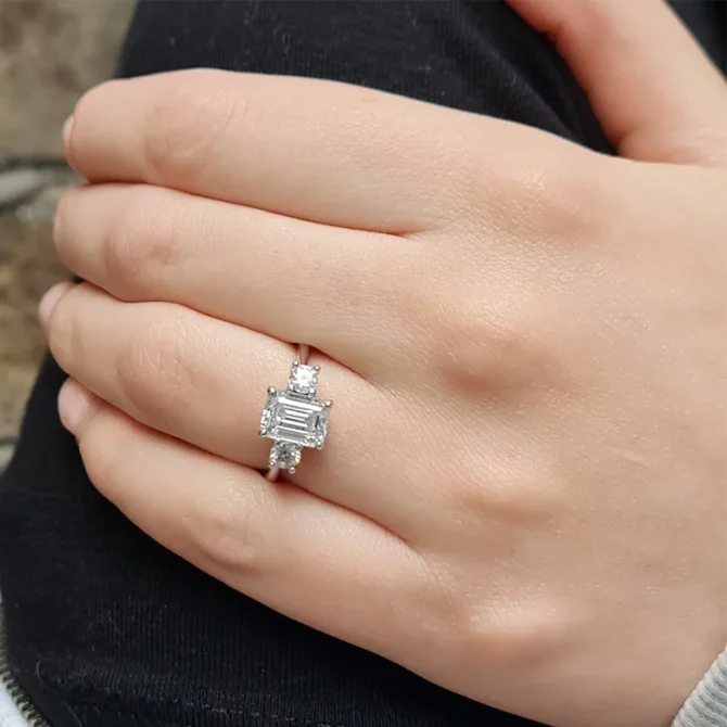 Emerald Cut Three Stone Diamond Engagement Ring On Hand made in Ireland TR1061-2
