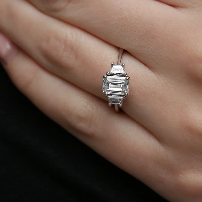 Emerald Trapezoid Diamond Three Stone Ring TR1012