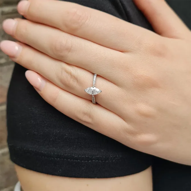 Marquise Cut Side Stone Engagement Ring on hand PR1083-2