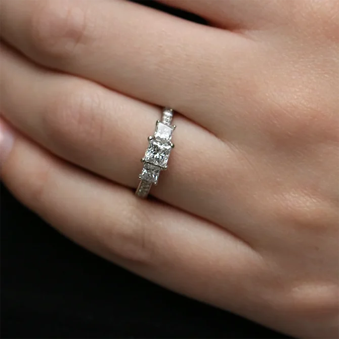 Princess Cut Three Stone Natural Diamond Ring on hand TR2076-1