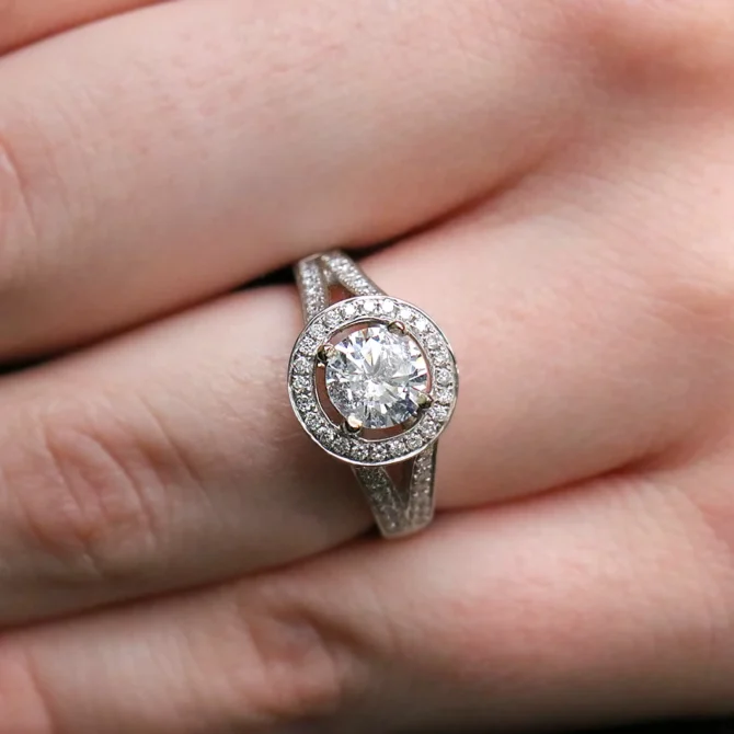 Split Band Diamond Halo Engagement Ring VR1048 made in Ireland