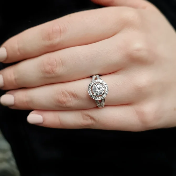 Split Band Diamond Halo Engagement Ring VR1048 on hand