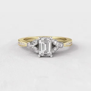 Vintage style emerald cut diamond engagement ring in yellow gold pr1002