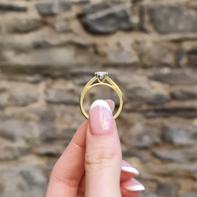 Vintage style oval cut diamond engagement ring in yellow gold - made in Ireland -side view pr1005