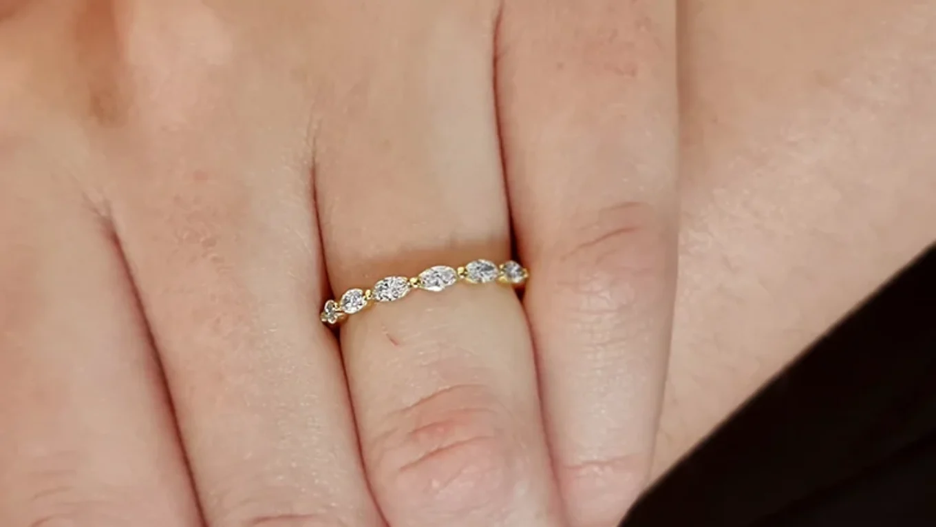 marquise set diamond wedding ring in yellow gold on hand sb3736