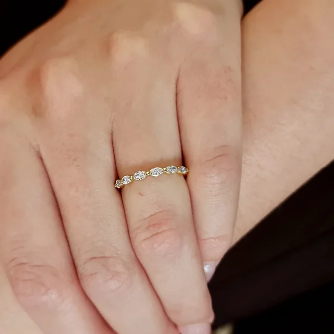 marquise set diamond wedding ring in yellow gold on hand sb3736