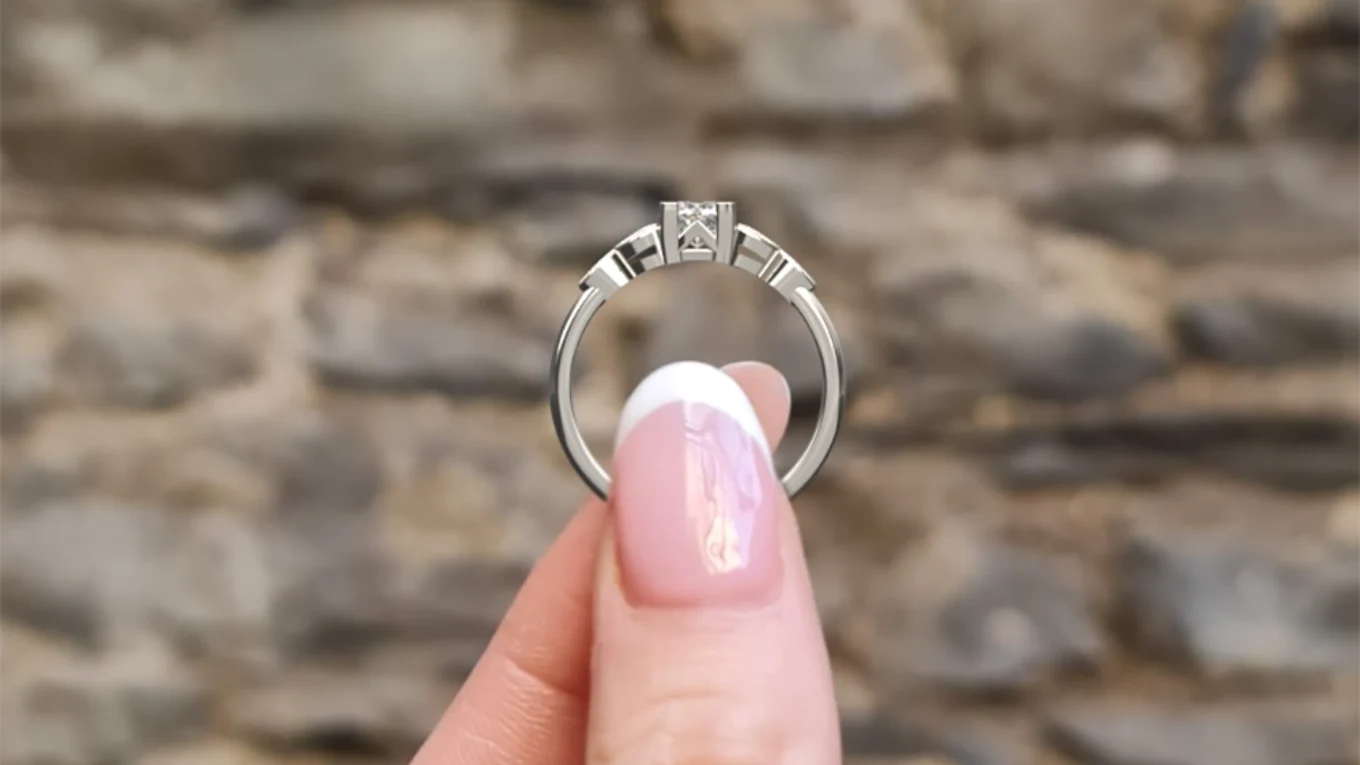 vintage style diamond engagement ring Dublin pr1076 in 18k white gold side view in hand