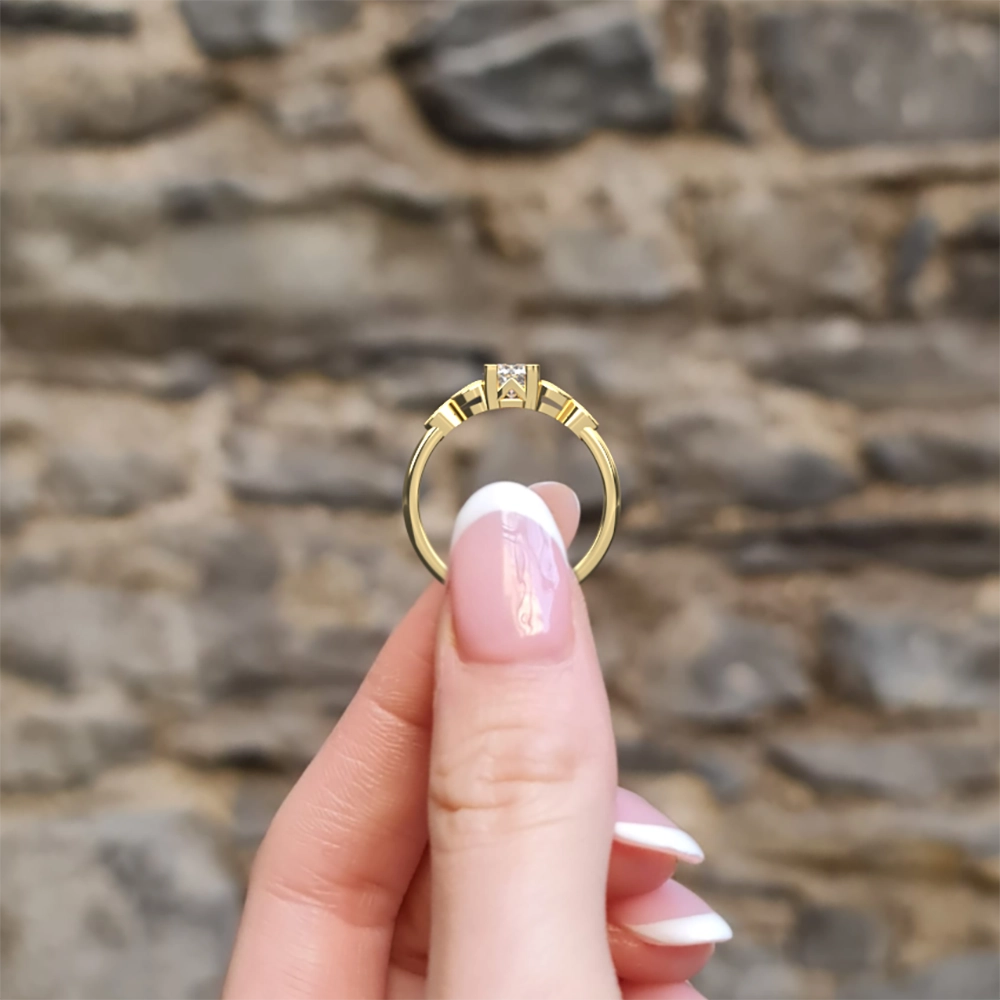 vintage style diamond engagement ring Dublin pr1076 in 18k yellow gold side view in hand