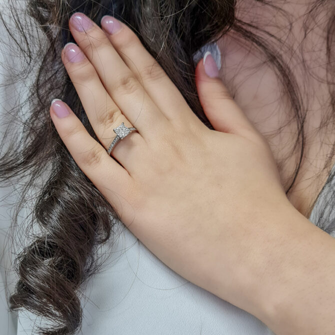 1.15 Carat Princess Cut Side Stone Ring PR1032 on hand 2