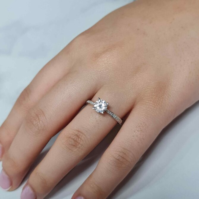 1.00ct Pave Set Side Stone Diamond Ring PR1016 White Gold on hand