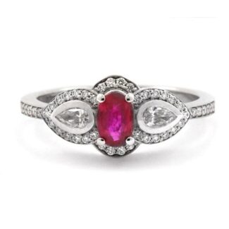 Ruby and Diamond Three Stone halo Ring Cr1023 - V1