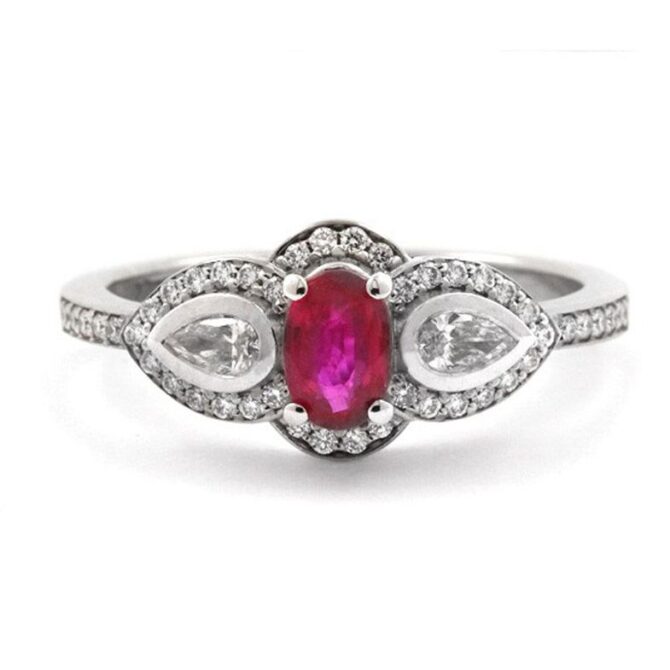 Ruby and Diamond Three Stone halo Ring Cr1023 - V1