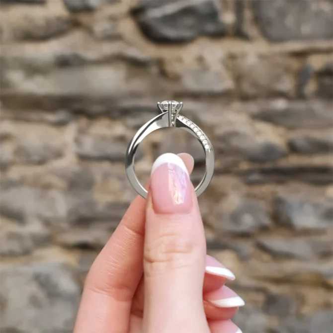 Twist style diamond engagement ring in white gold side view pr1012