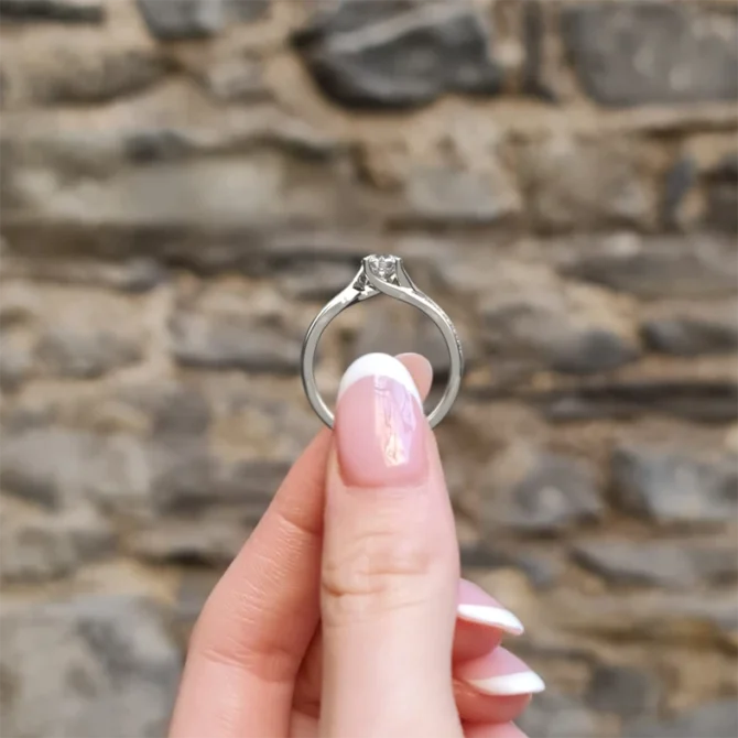 Twist style diamond engagement ring made in Ireland - in white gold - side view pr1008