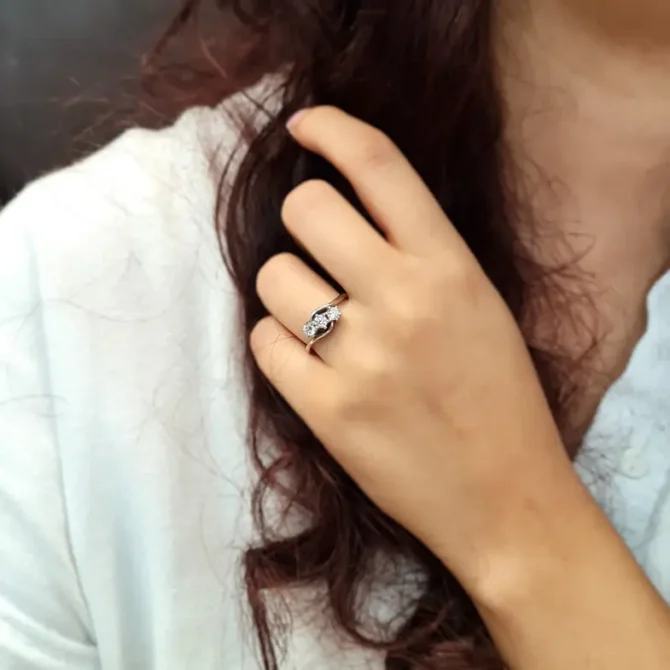 Twist trilogy diamond ring on hand tr1024 made by Bespoke Diamonds in Dublin, Ireland