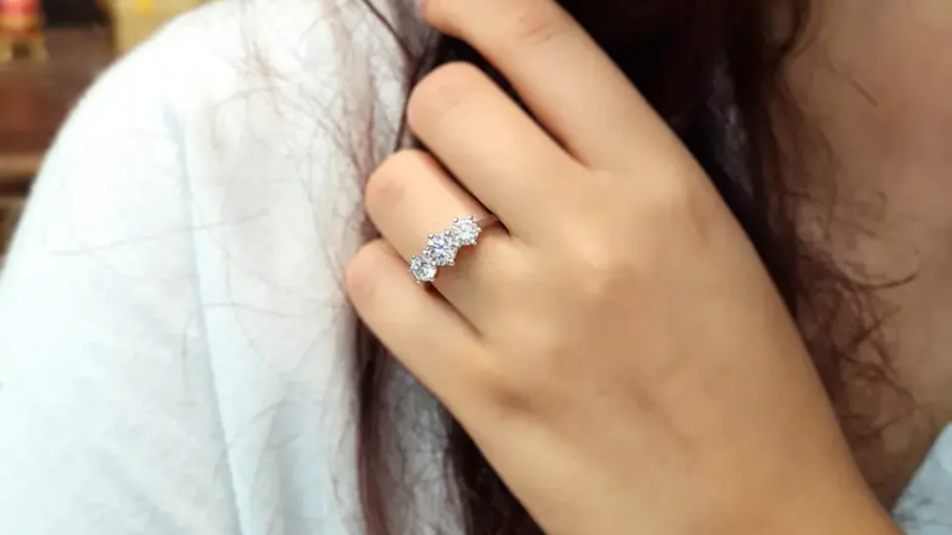 Vintage style 6 claw trilogy engagement ring on hand tr1058 made in Dublin Ireland