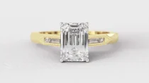 Vintage style emerald cut diamond and baguette diamond ring in yellow gold pr1074
