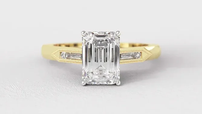 Vintage style emerald cut diamond and baguette diamond ring in yellow gold pr1074