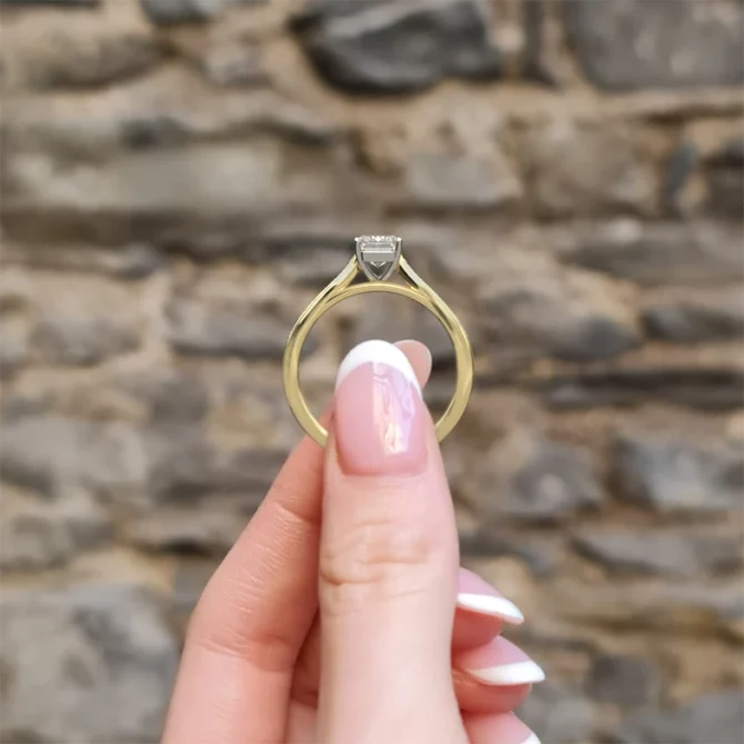 emerald cut diamond engagement ring with pave set diamonds side view pr1064 yellow gold