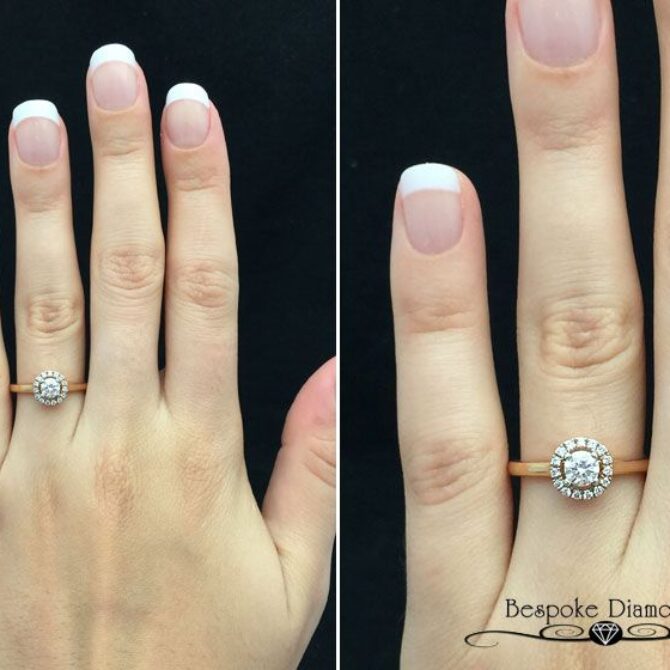 Rose gold scallop set halo engagement ring Dublin VR1023 on hand