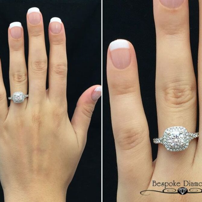 Double halo cushion halo Tiffany style engagement ring VR1025 on hand