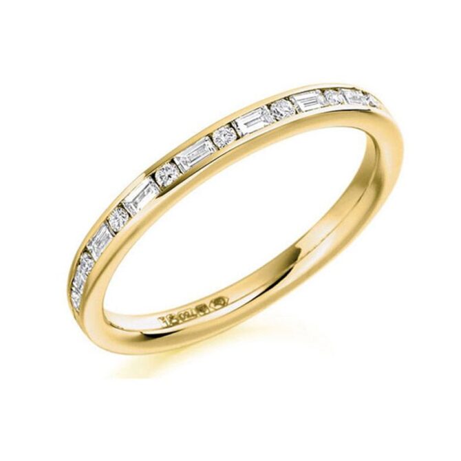 Baguette and round cut diamond channel set diamond wedding ring in yellow gold WR2013