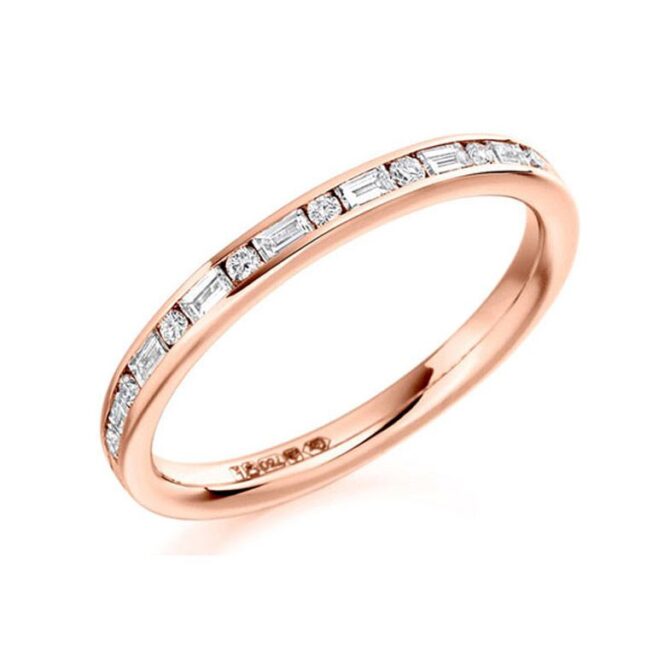 Baguette and round cut diamond channel set diamond wedding ring in rose gold WR2013