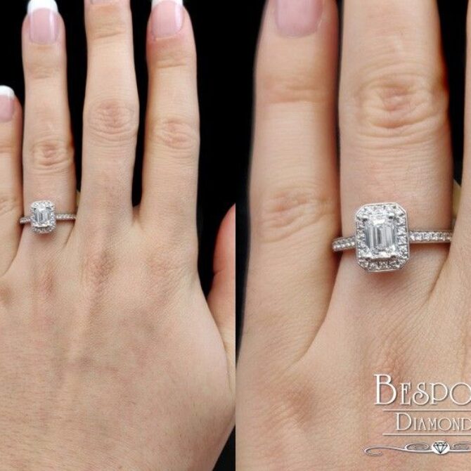 vr1006 vintage emerald cut diamond engagement ring on hand