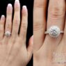 Double halo round claw set diamond engagement ring VR1024 on hand