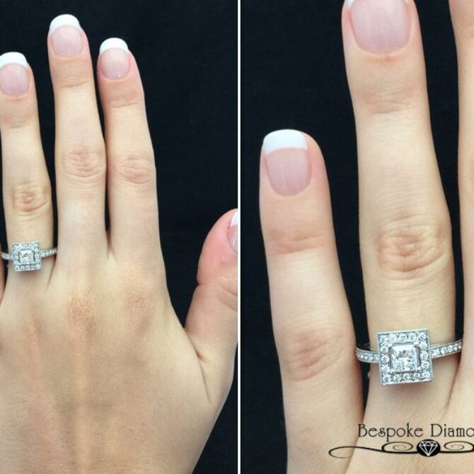 Princess cut vintage style halo engagement ring Ireland VR1012 on hand