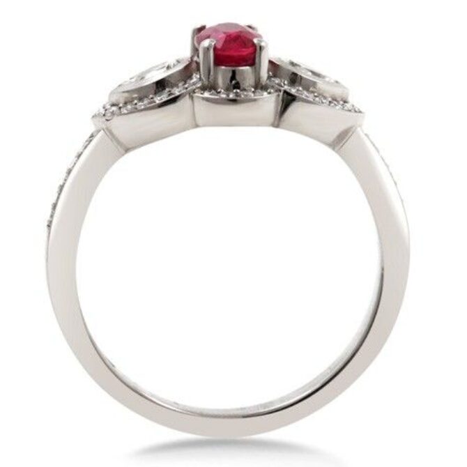 Ruby and Diamond Three Stone halo Ring Cr1023 - through view