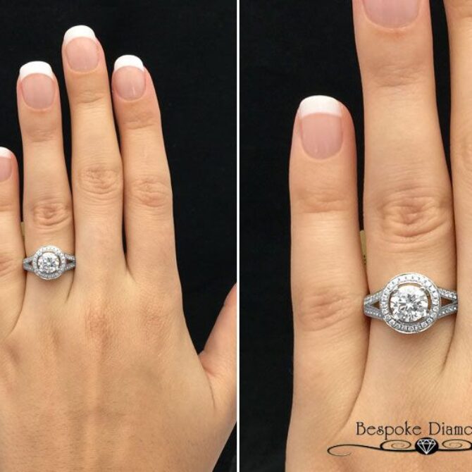 Split band Tiffany style halo engagement ring VR1048 - on hand