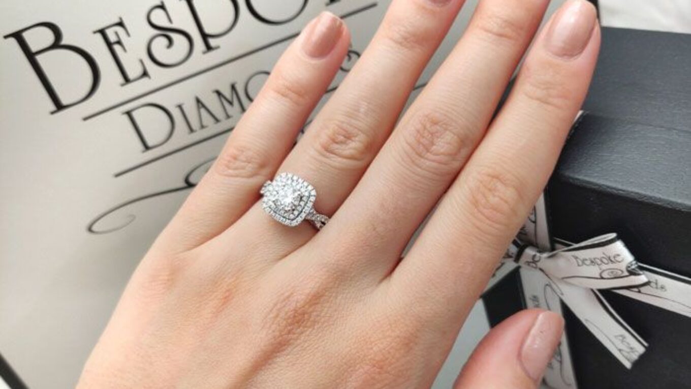 Cushion shape double halo twist diamond engagement ring Dublin - VR1050 - on hand