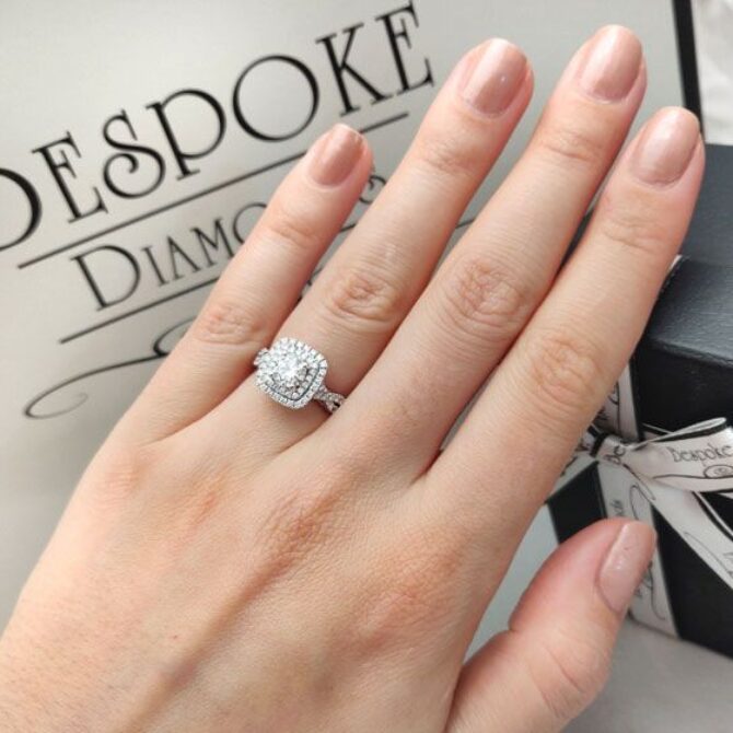 Cushion shape double halo twist diamond engagement ring Dublin - VR1050 - on hand