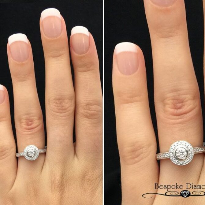 Bezel set diamond engagement ring vintage look VR1052 on hand