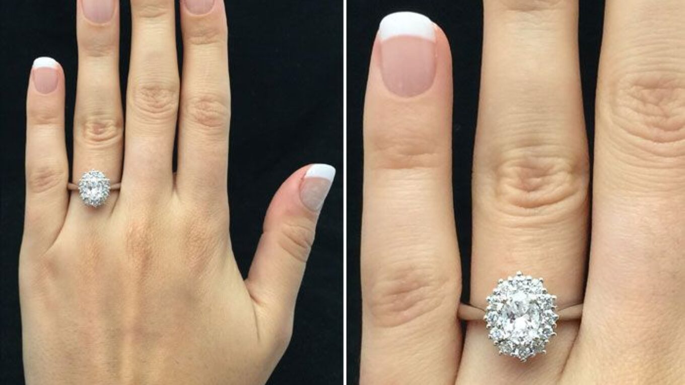 Oval cut diamond halo engagement ring in Dublin Ireland Vr1068 on hand